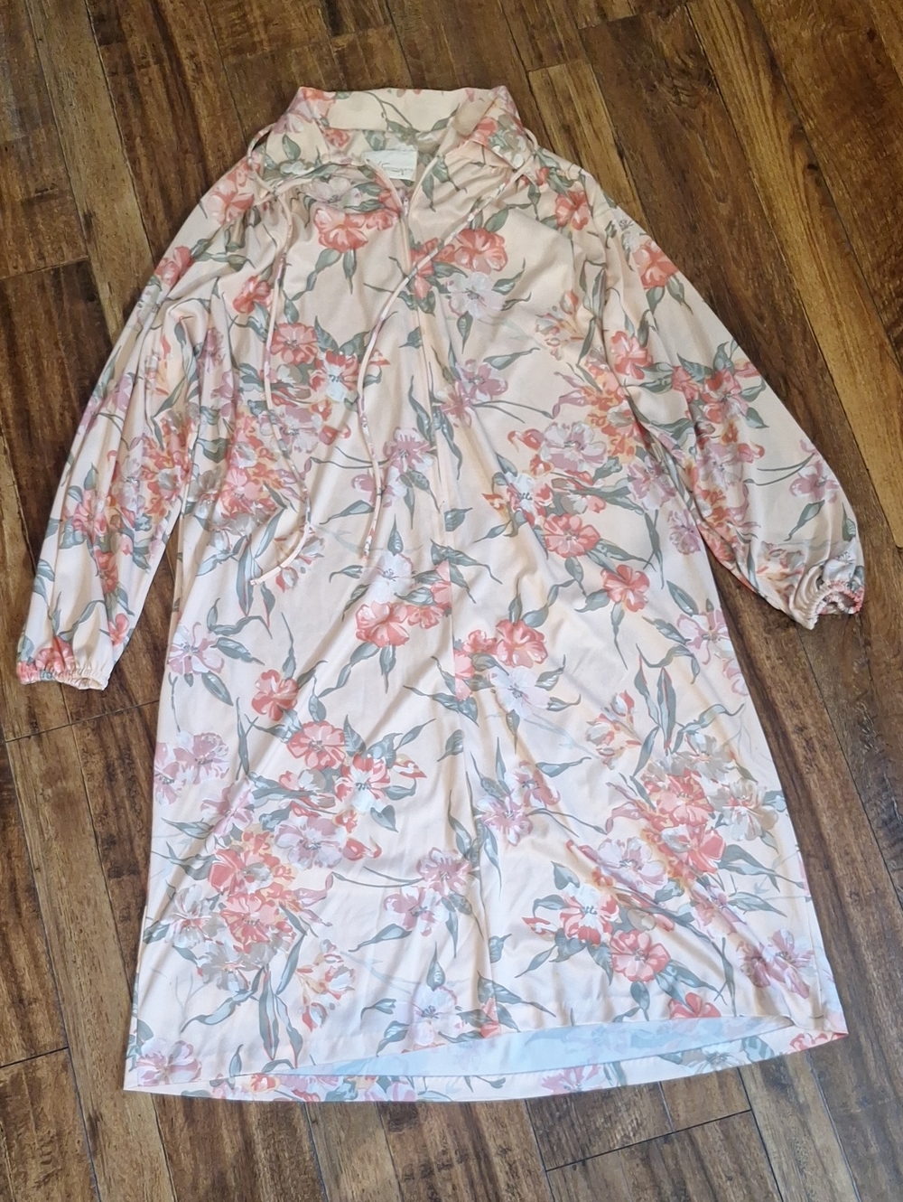 Vintage Floral Pink Long Sleeve Drawstring Nightgown, Large